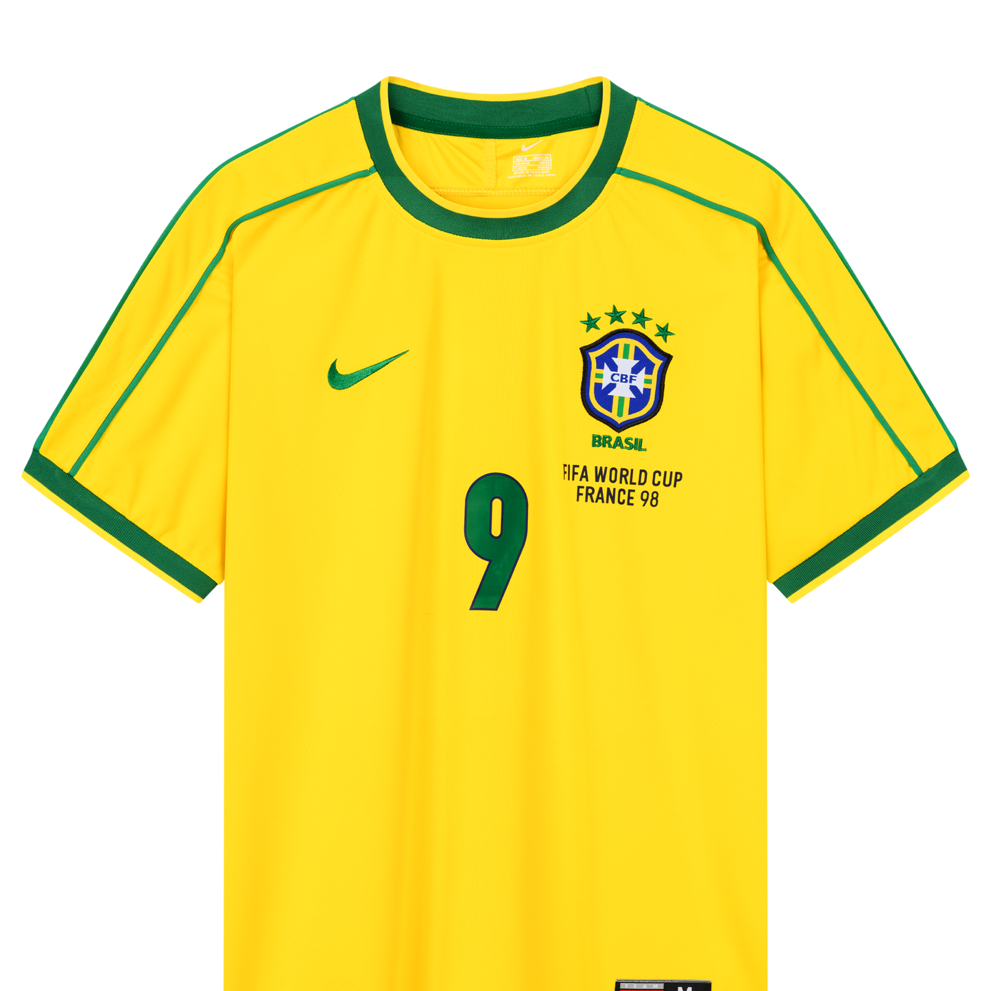 Vergrößerte Ansicht der Vorderseite des gelben Heim-Trikots der brasilianischen Nationalmannschaft zur Fußball-WM 1998 von Nike mit Brasilien-Logo und der grünen Spielernummer 9 von Ronaldo Luis Nazário de Lima (R9)