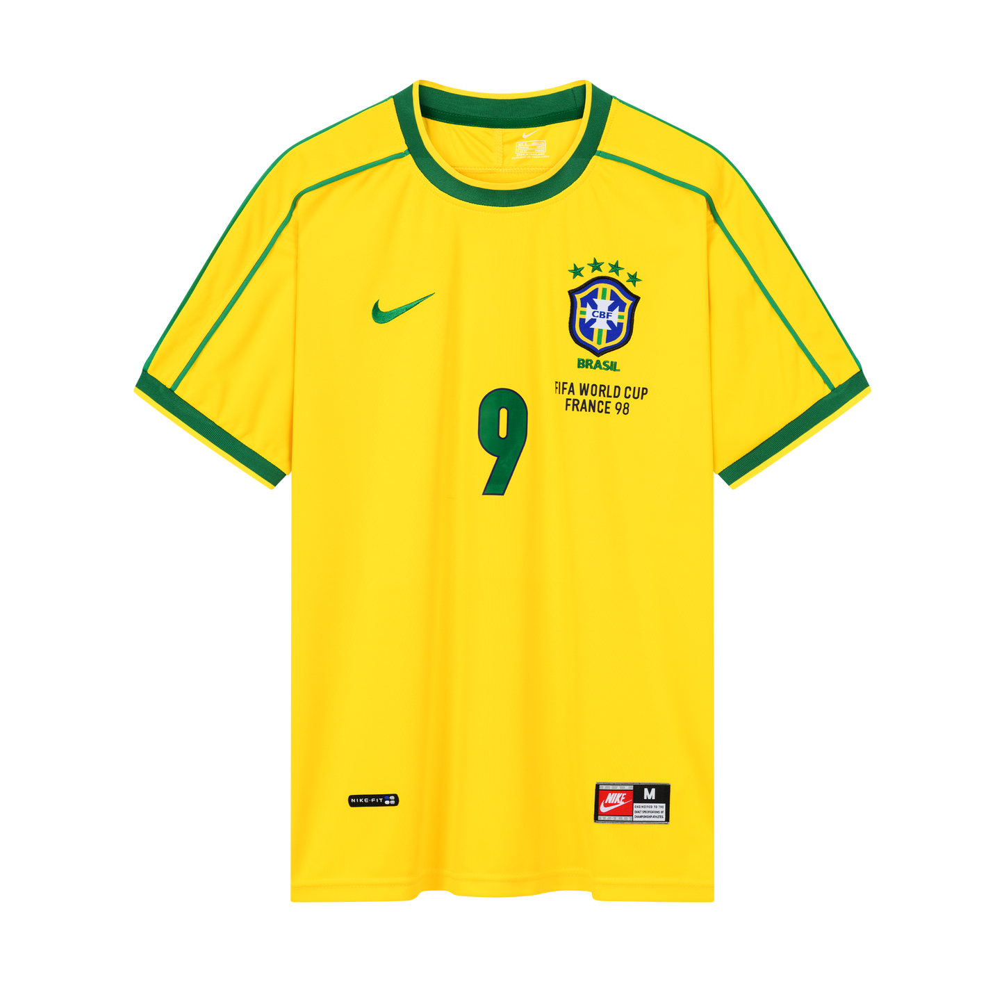 Vorderseite des gelben Heim-Trikots der brasilianischen Nationalmannschaft zur Fußball-WM 1998 von Nike mit Brasilien-Logo und der grünen Spielernummer 9 von Ronaldo Luis Nazário de Lima (R9)