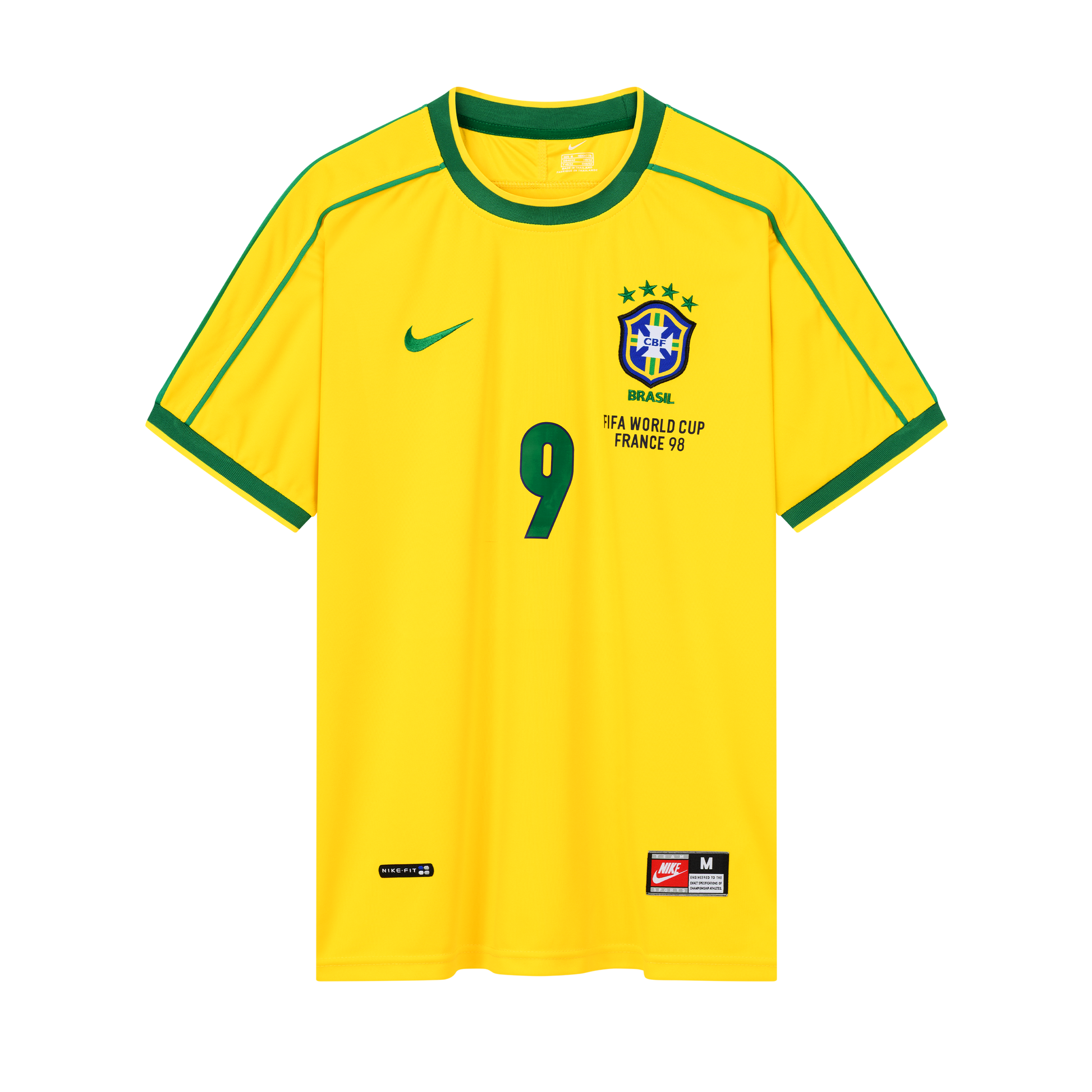 Vorderseite des gelben Heim-Trikots der brasilianischen Nationalmannschaft zur Fußball-WM 1998 von Nike mit Brasilien-Logo und der grünen Spielernummer 9 von Ronaldo Luis Nazário de Lima (R9)