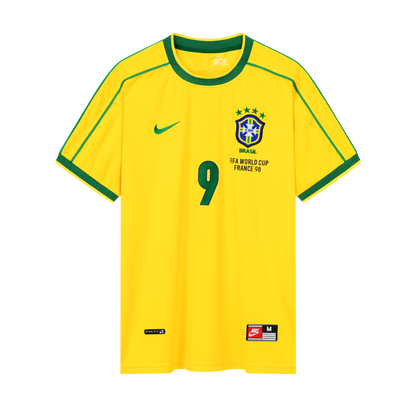Vorderseite des gelben Heim-Trikots der brasilianischen Nationalmannschaft zur Fußball-WM 1998 von Nike mit Brasilien-Logo und der grünen Spielernummer 9 von Ronaldo Luis Nazário de Lima (R9)