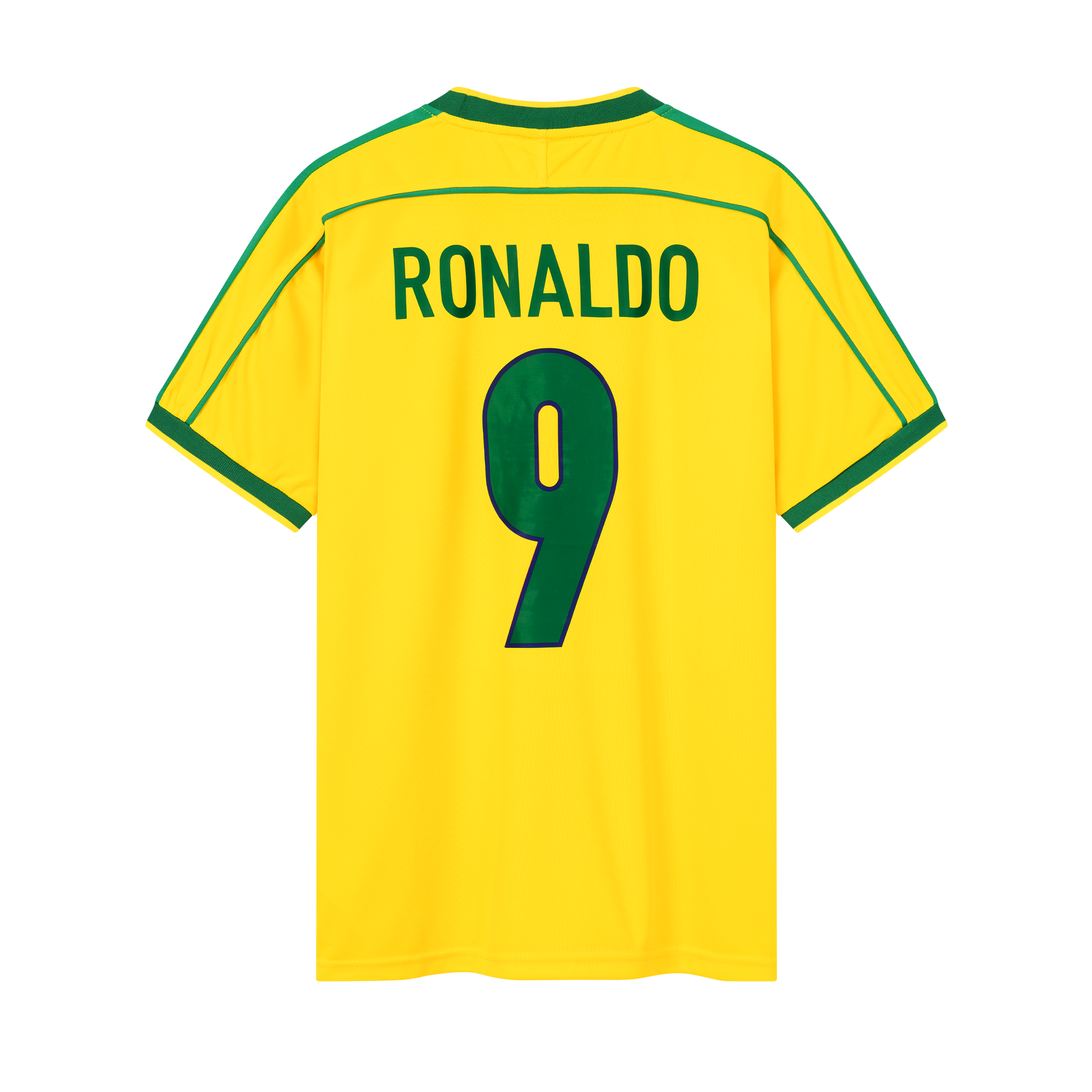 Rückseite des gelben Heim-Trikots der brasilianischen Nationalmannschaft zur Fußball-WM 1998 der grünen Spielernummer 9 von Ronaldo Luis Nazário de Lima (R9)