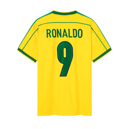 Rückseite des gelben Heim-Trikots der brasilianischen Nationalmannschaft zur Fußball-WM 1998 der grünen Spielernummer 9 von Ronaldo Luis Nazário de Lima (R9)